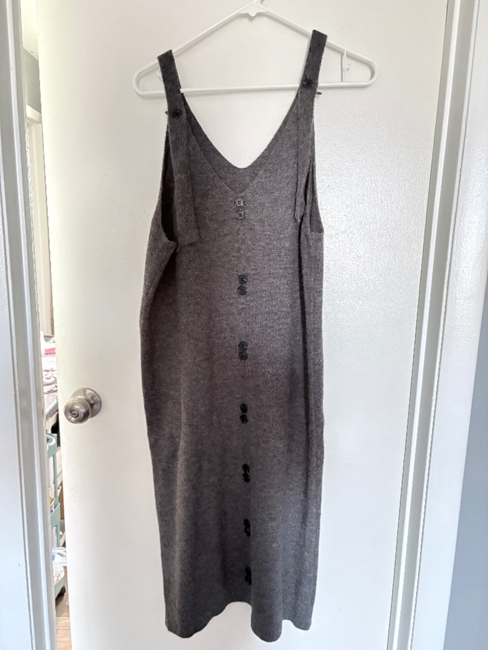 Grey Knitted V-Neck Button-Front Midi Sweater Dress